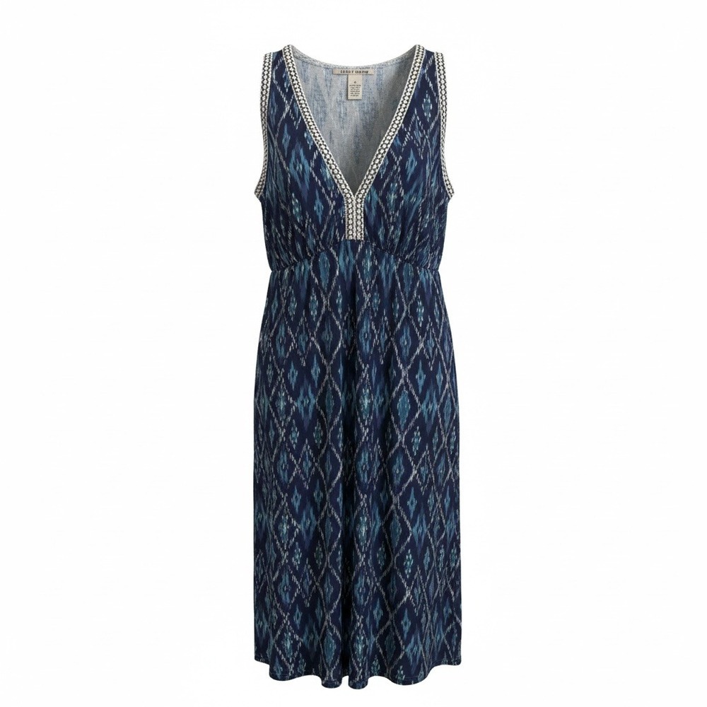 Lucky Brand Blue Ikat Diamond Print V-Neck Midi Dress Cotton XS Extra Small Knit